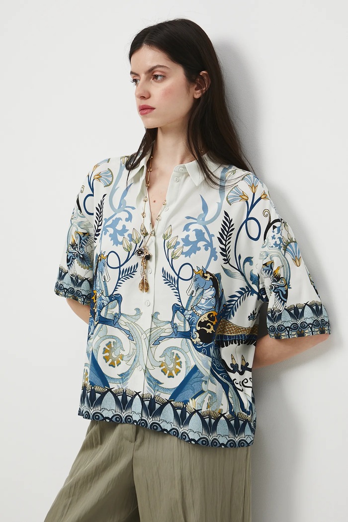 Koszula z domieszką lnu damska wzorzysta wzorzyste multicolor RW25-KKD301