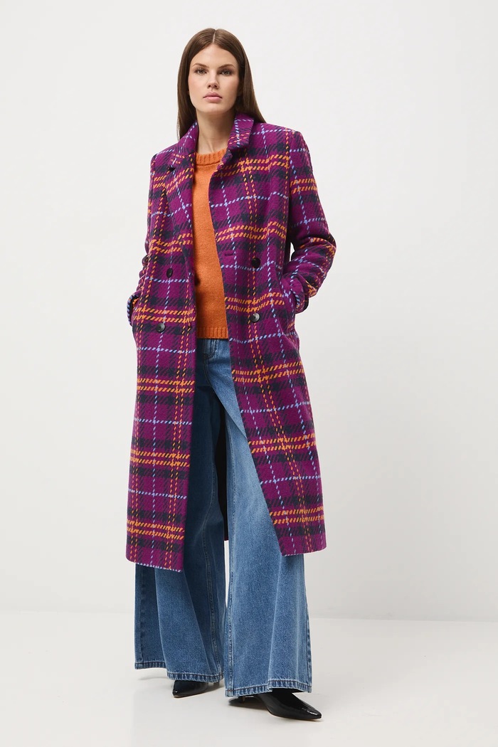 Płaszcz z domieszką wełny damski dwurzędowy w kratę RW25-KPD609 multicolor RW25