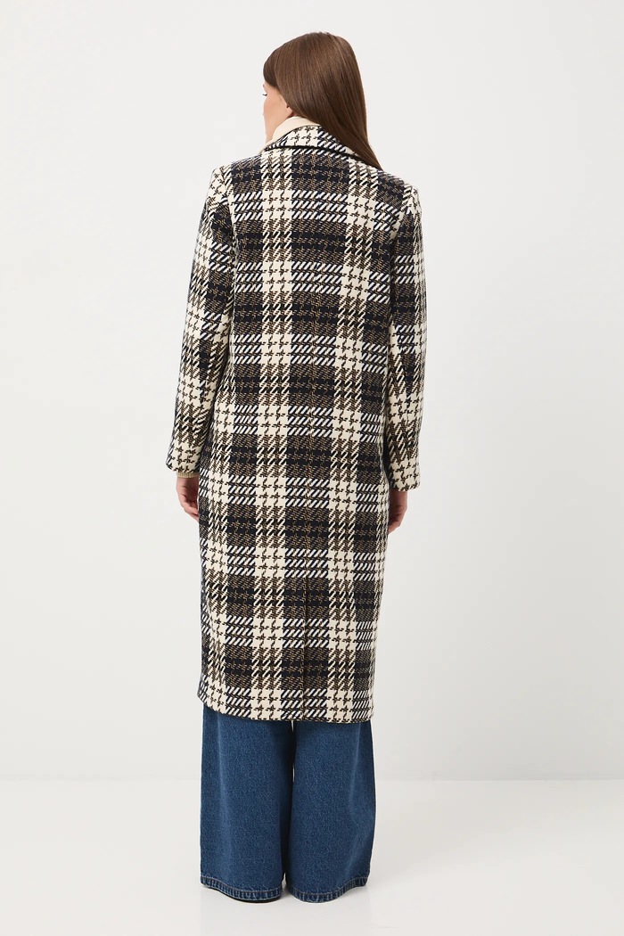 Płaszcz z domieszką wełny damski dwurzędowy w kratę RW25-KPD609 multicolor RW25