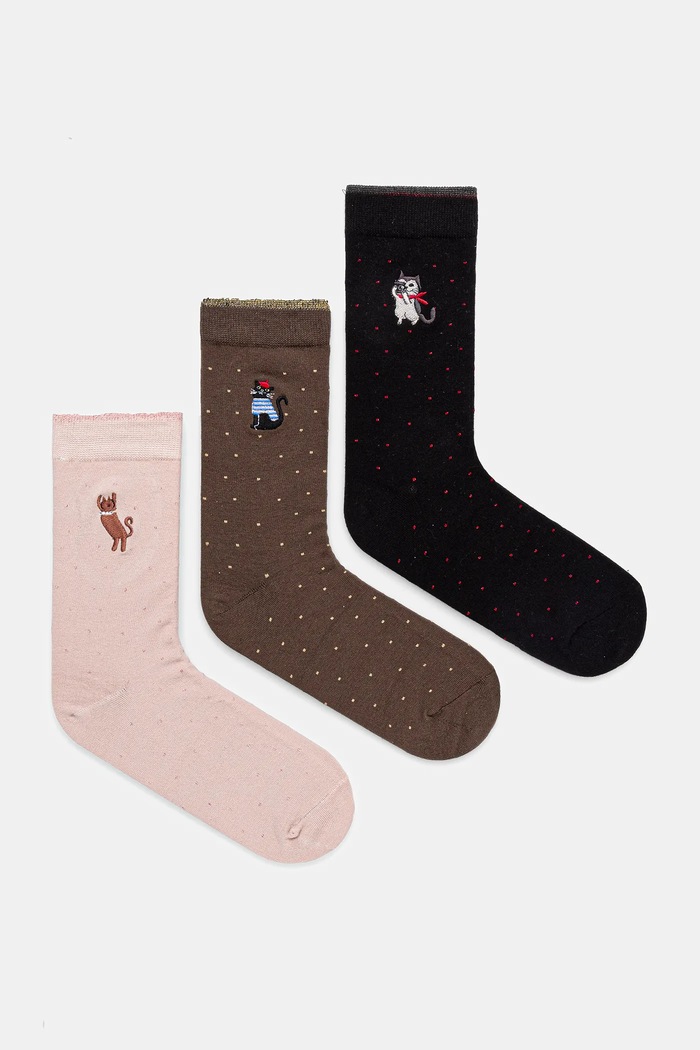 Bavlnené ponožky s ozdobnou výšivkou s mačkami (3-pack) nášivka viacfarebná RW25-LBDB01