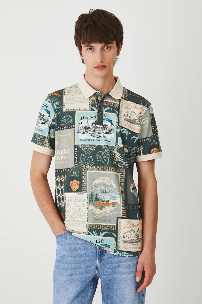 Polo bawełniane męskie z elastanem wzorzyste z elastanem multicolor RW25-POM203