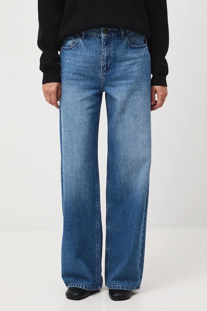 Jeansy bawełniane damskie wide leg z efektem sprania RW25-SJD510 niebieski RW25