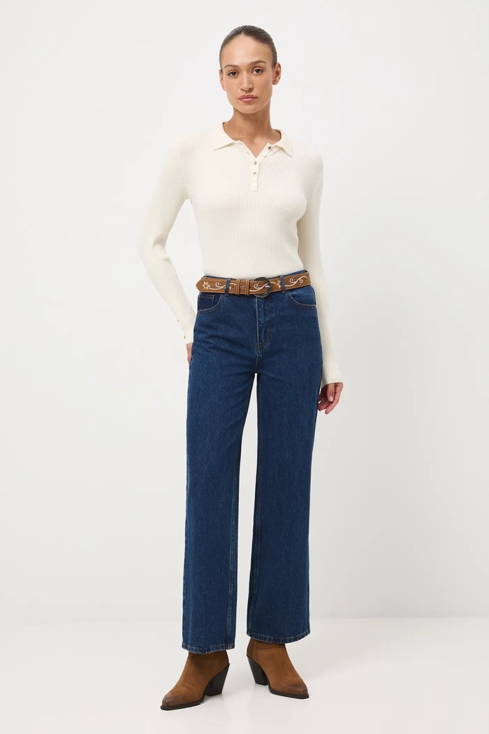 Jeansy bawełniane damskie wide leg z efektem sprania granatowy RW25-SJD600