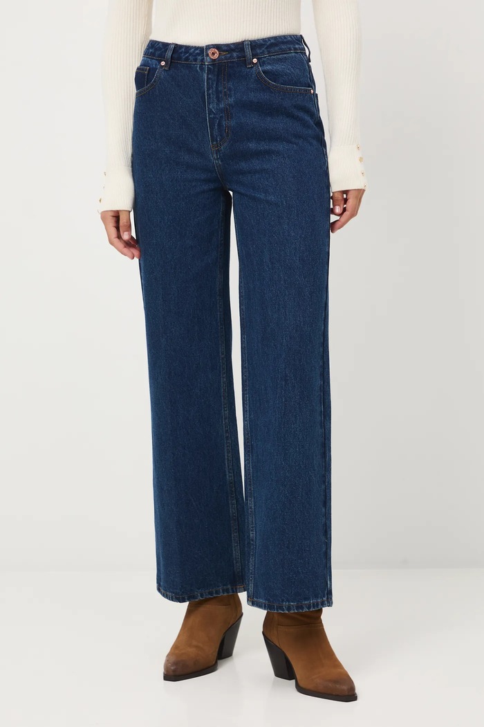 Jeansy bawełniane damskie wide leg z efektem sprania RW25-SJD600 granatowy RW25