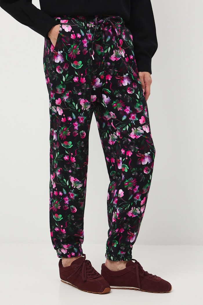 Spodnie dresowe bawełniane damskie z elastanem wzorzyste dzianina multicolor RW25-SPD060