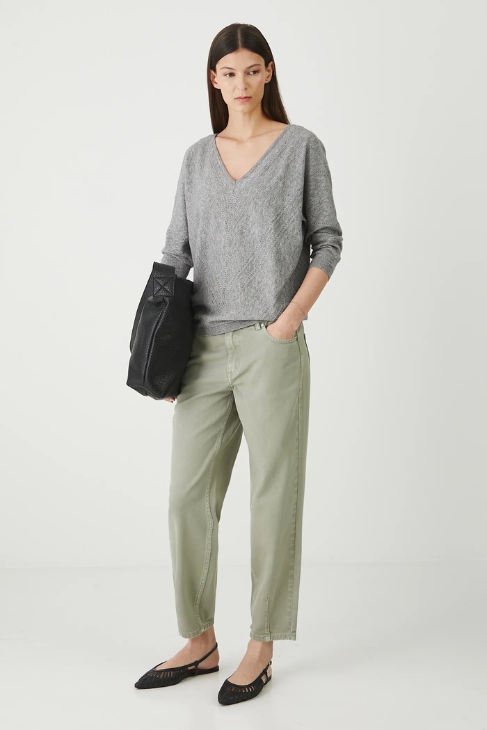 Jeansy bawełniane damskie slouchy z efektem sprania Basic zielony RW25-SPD202