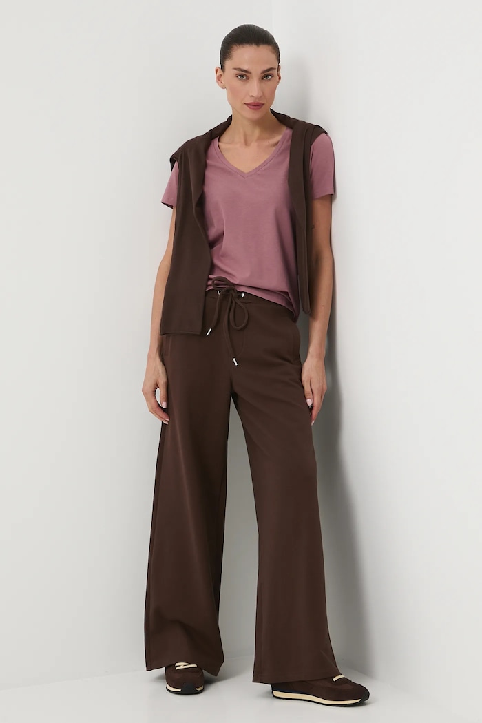 Spodnie dresowe damskie wide leg brązowy RW25-SPD307