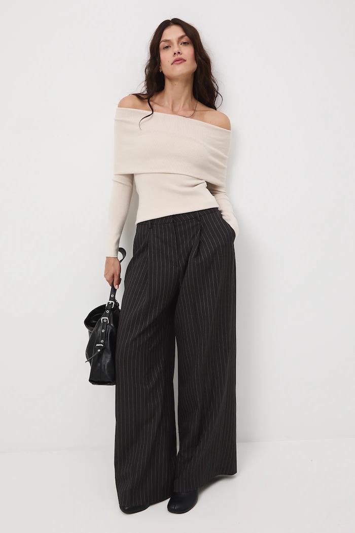 Spodnie z domieszką wełny damskie wide leg szary RW25-SPD500