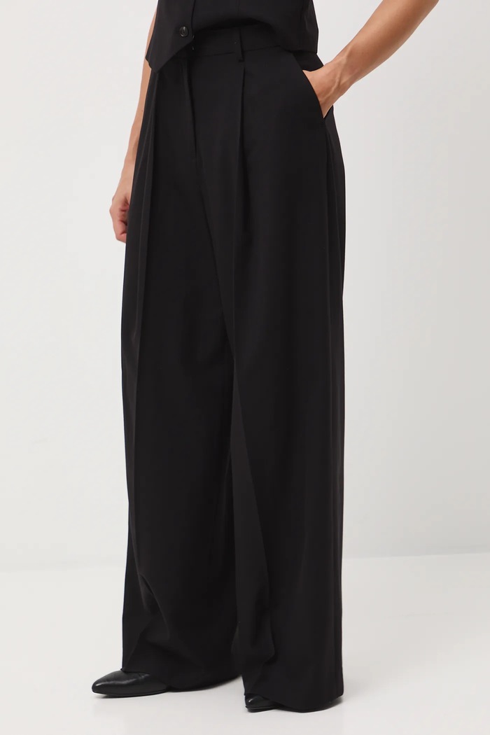 Spodnie z domieszką wełny damskie wide leg czarny RW25-SPD500