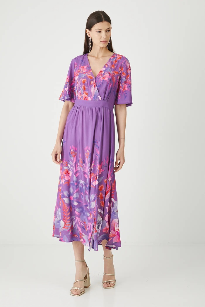 Sukienka damska maxi wzorzysta z wiskozy rozkloszowany multicolor RW25-SUD206