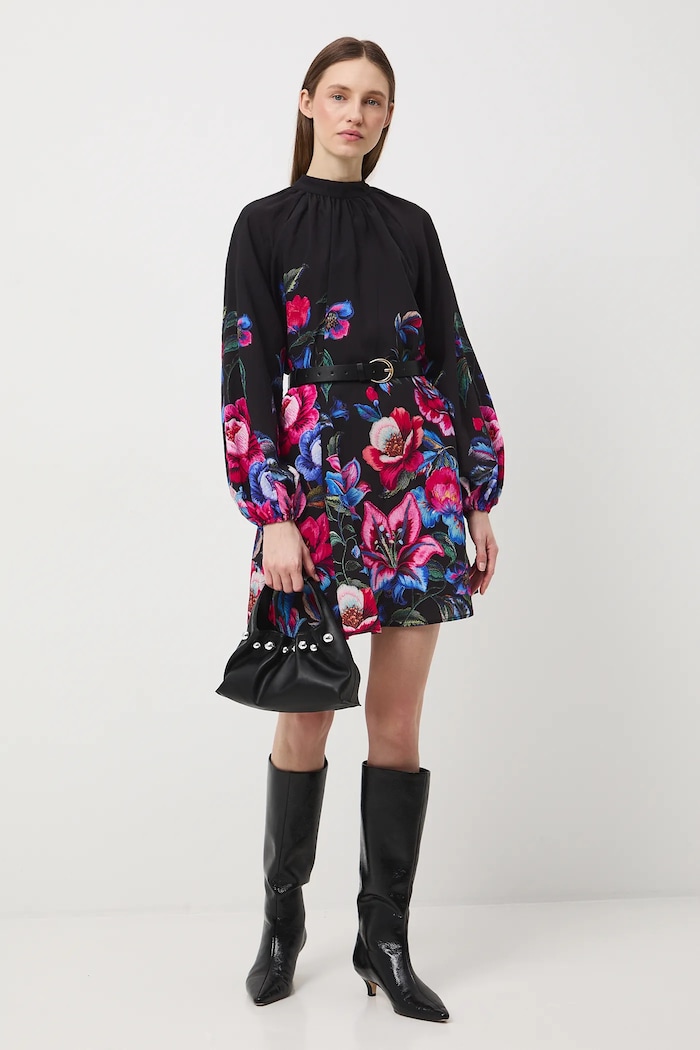 Sukienka damska mini w kwiaty z paskiem RW25-SUDB03 czarny RW25
