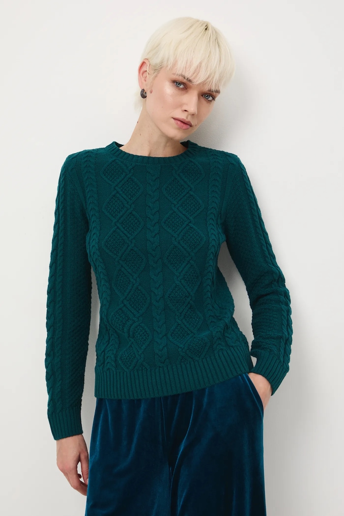 Sweter damski z warkoczowym splotem RW25-SWD0A0 turkusowy RW25