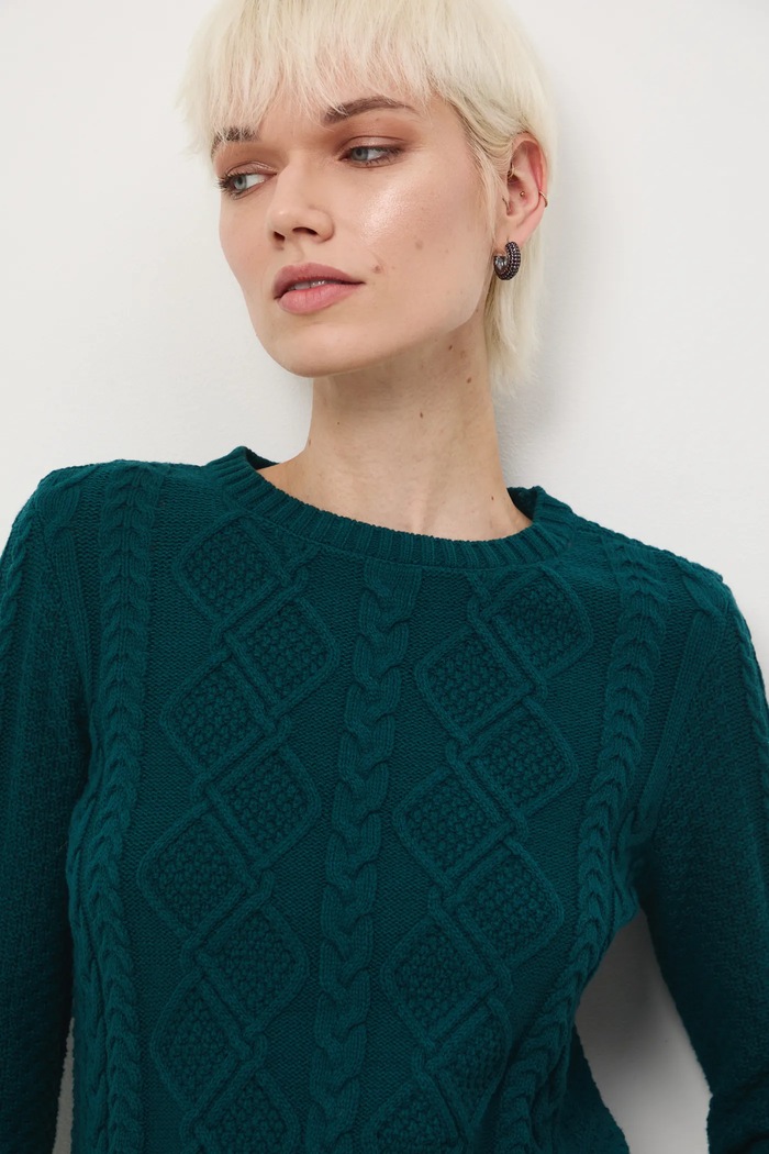 Sweter damski z warkoczowym splotem RW25-SWD0A0 turkusowy