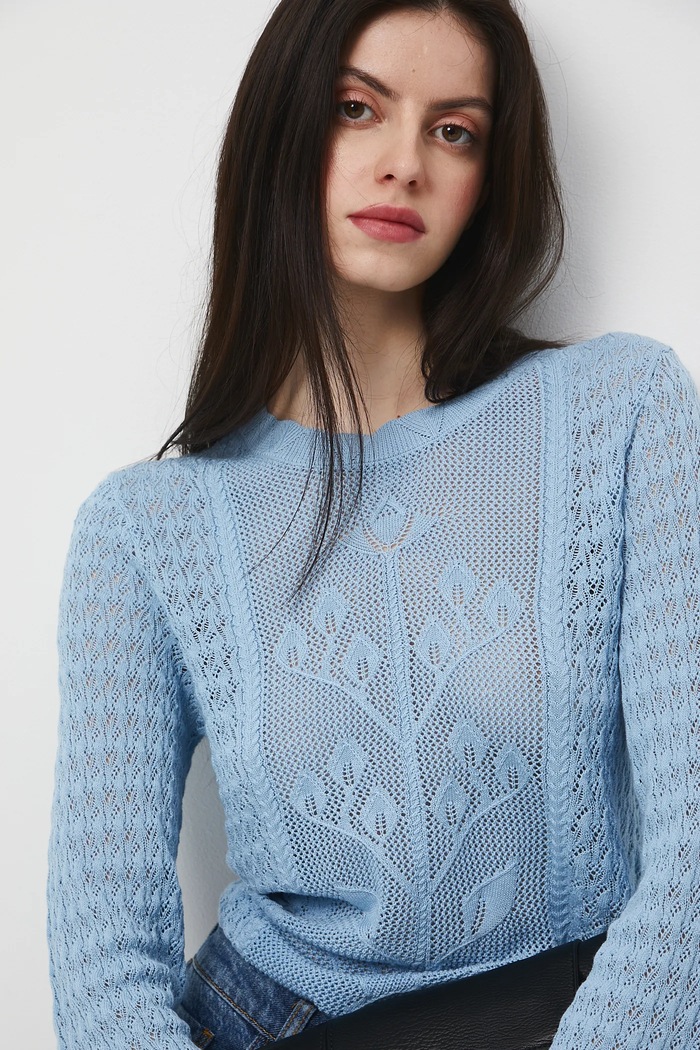 Sweter bawełniany damski ażurowy niebieski RW25-SWD304