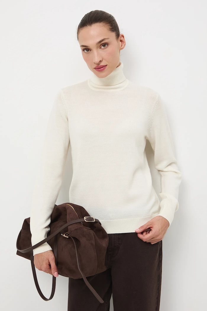 Sweter z wełny merino gładki cienka beżowy RW25-SWD810