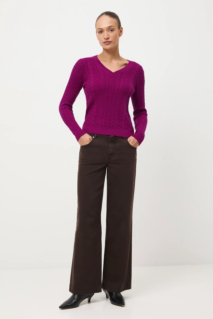 Sweter z wełny merino z warkoczowym splotem różowy RW25-SWD813