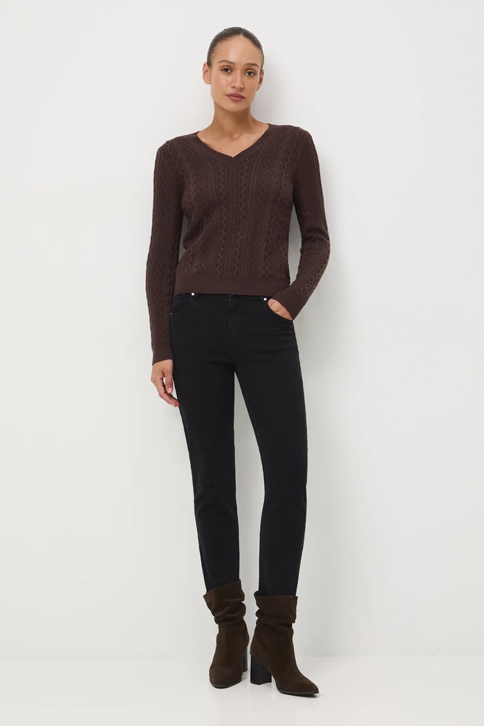 Odzież Sweter z wełny merino z warkoczowym splotem RW25-SWD813 brązowy