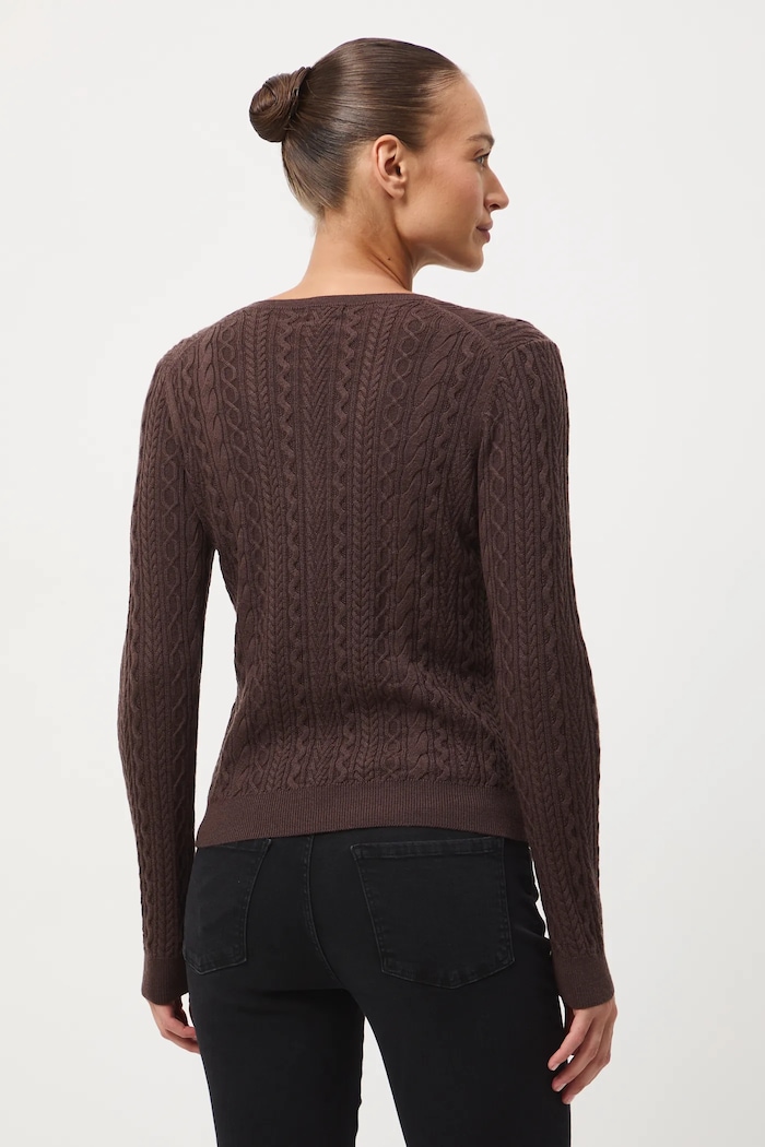 Sweter z wełny merino z warkoczowym splotem brązowy RW25-SWD813