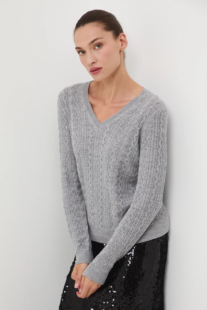 Sweter z wełny merino z warkoczowym splotem cienka szary RW25-SWD813