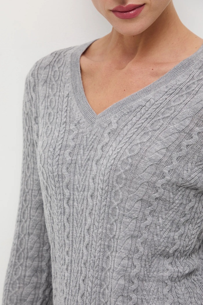 Sweter z wełny merino z warkoczowym splotem RW25-SWD813 szary
