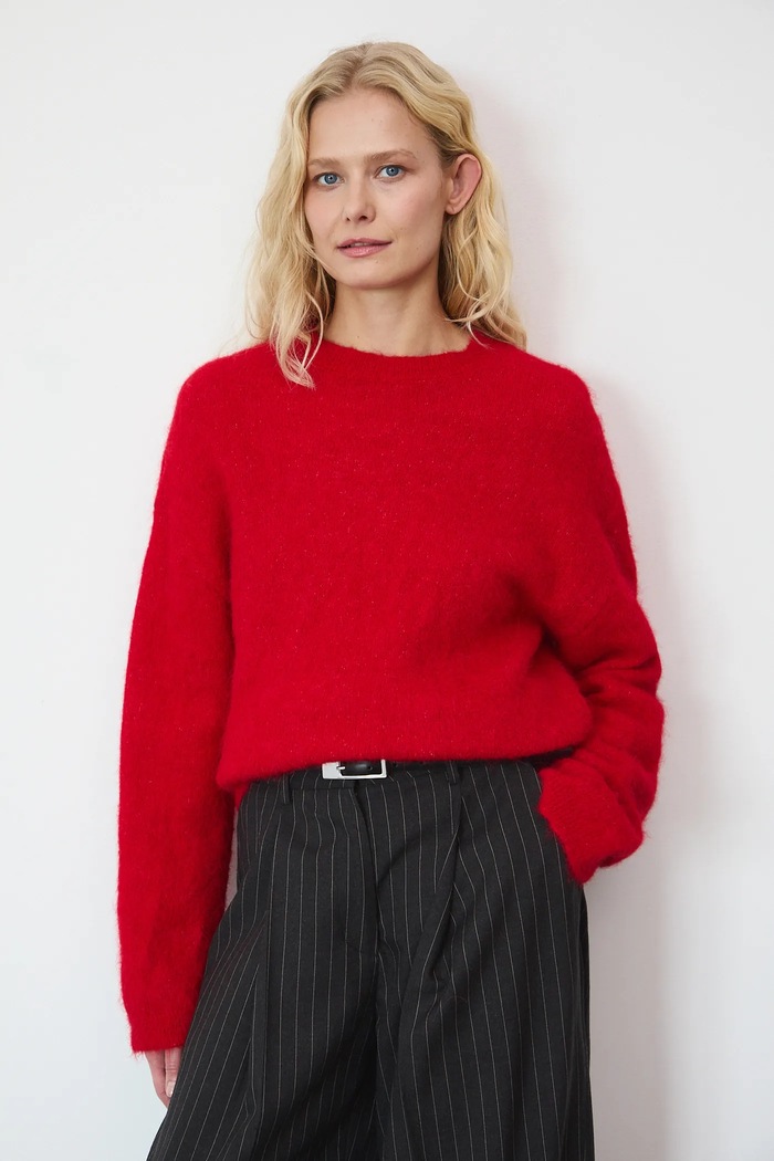 Sweter z wełną alpaki damski melanżowy czerwony RW25-SWDA13