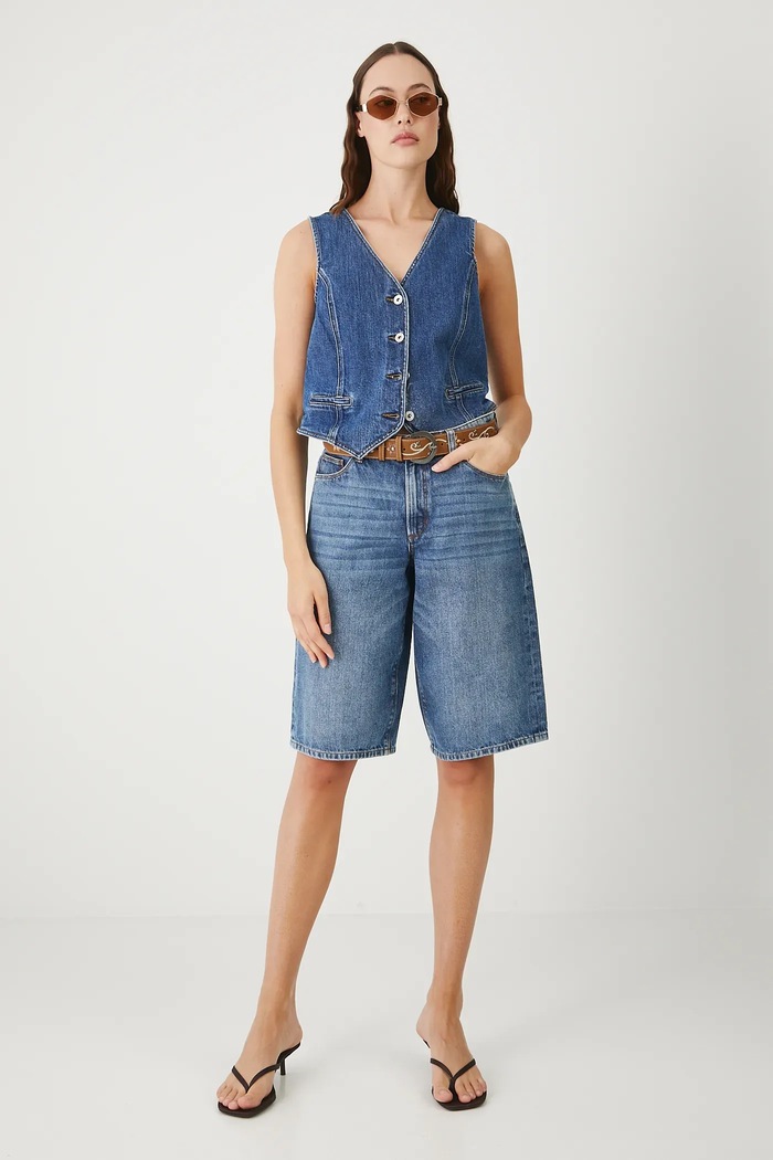 Bavlnené šortky wide leg s praným efektom RW25-SZD100 modrá RS26
