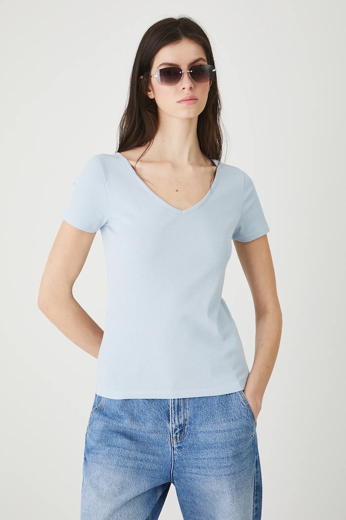 T-shirt bawełniany damski z elastanem prążkowany z elastanem niebieski RW25-TSD012