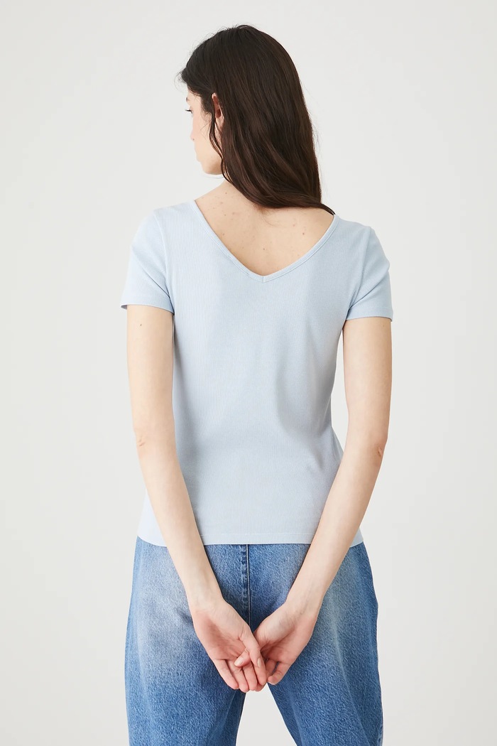 Odzież T-shirt bawełniany damski z elastanem prążkowany RW25-TSD012 niebieski