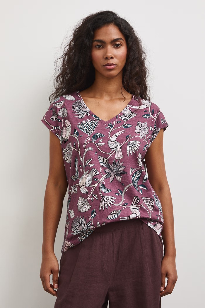T-shirt bawełniany damski wzorzysty bordowy RW25-TSD101