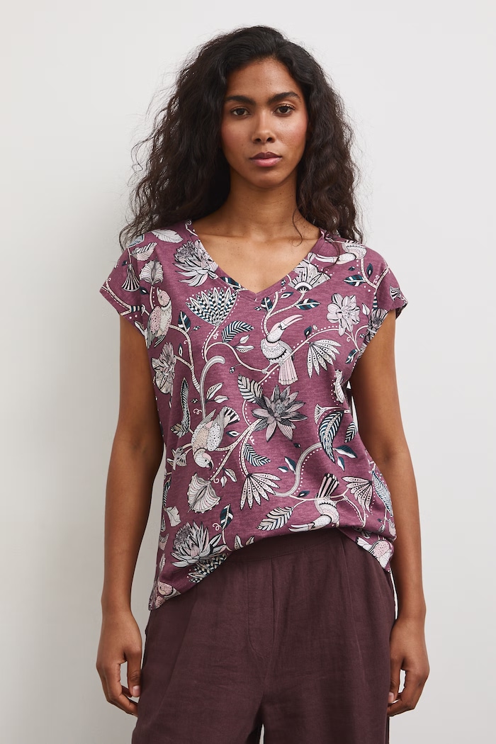 T-shirt bawełniany damski wzorzysty bordowy RW25-TSD101