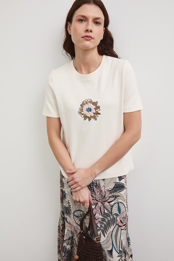 T-shirt bawełniany damski z elastanem interlock aplikacja beżowy RW25-TSD102