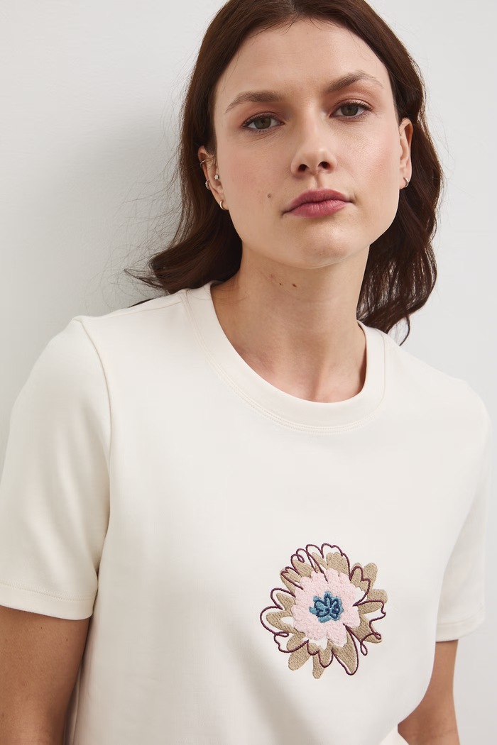 T-shirt bawełniany damski z elastanem interlock beżowy RW25-TSD102