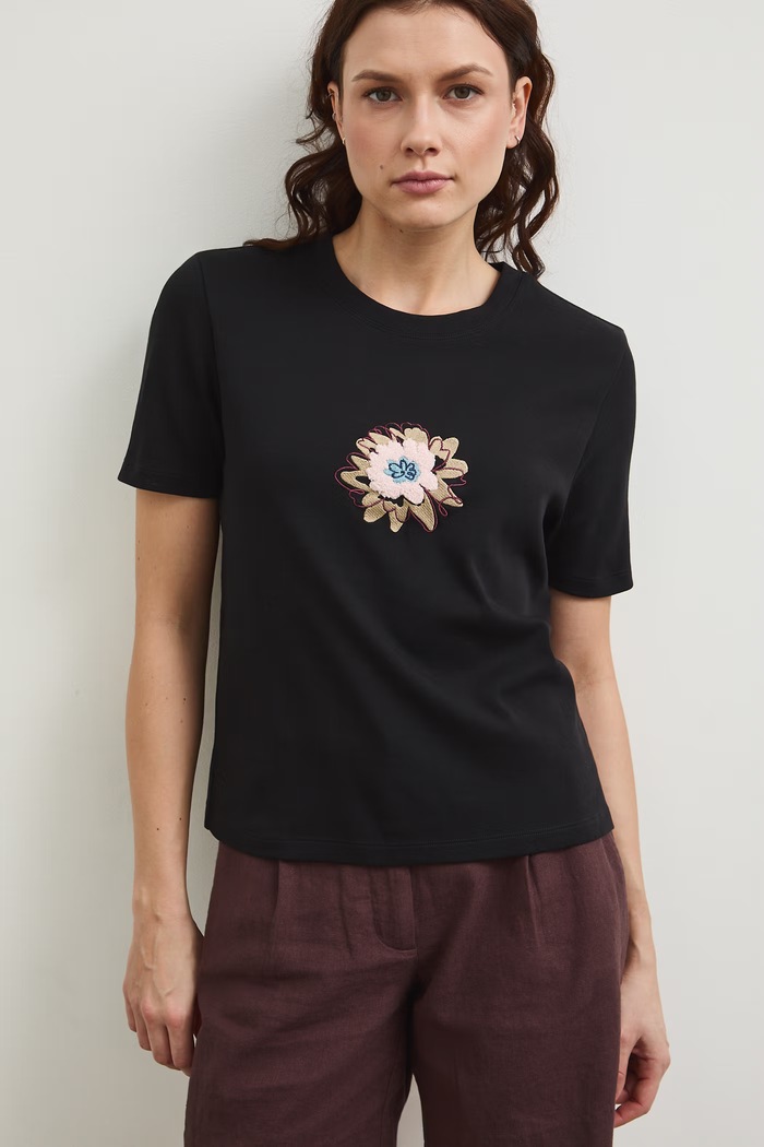 T-shirt bawełniany damski z elastanem interlock aplikacja czarny RW25-TSD102