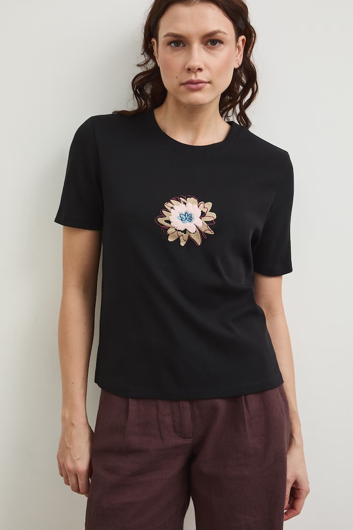 T-shirt bawełniany damski z elastanem interlock aplikacja czarny RW25-TSD102