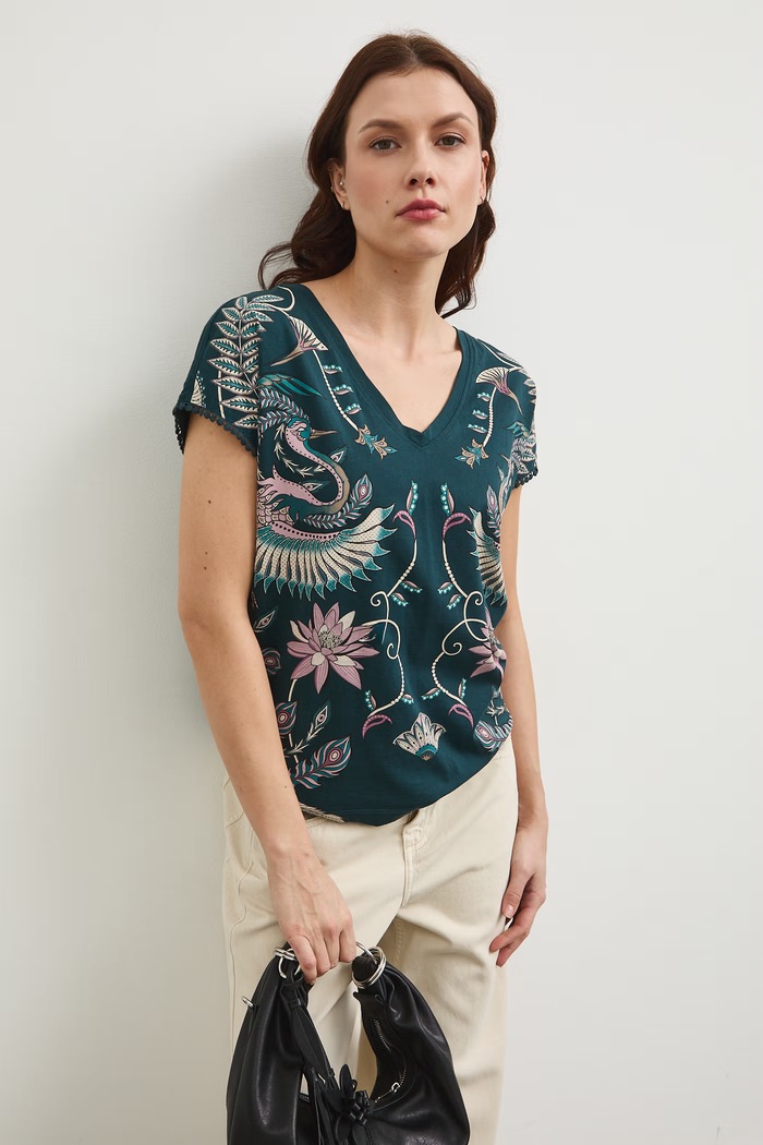 T-shirt bawełniany damski z wycięciem na plecach bawełna zielony RW25-TSD103