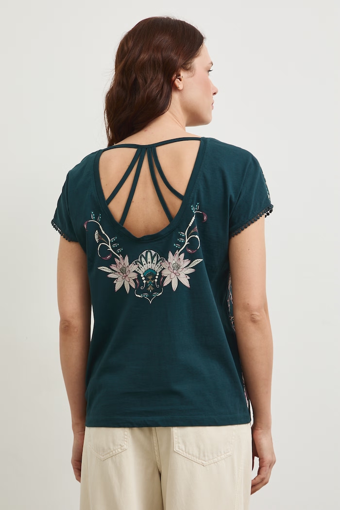 Odzież T-shirt bawełniany damski z wycięciem na plecach RW25-TSD103 zielony