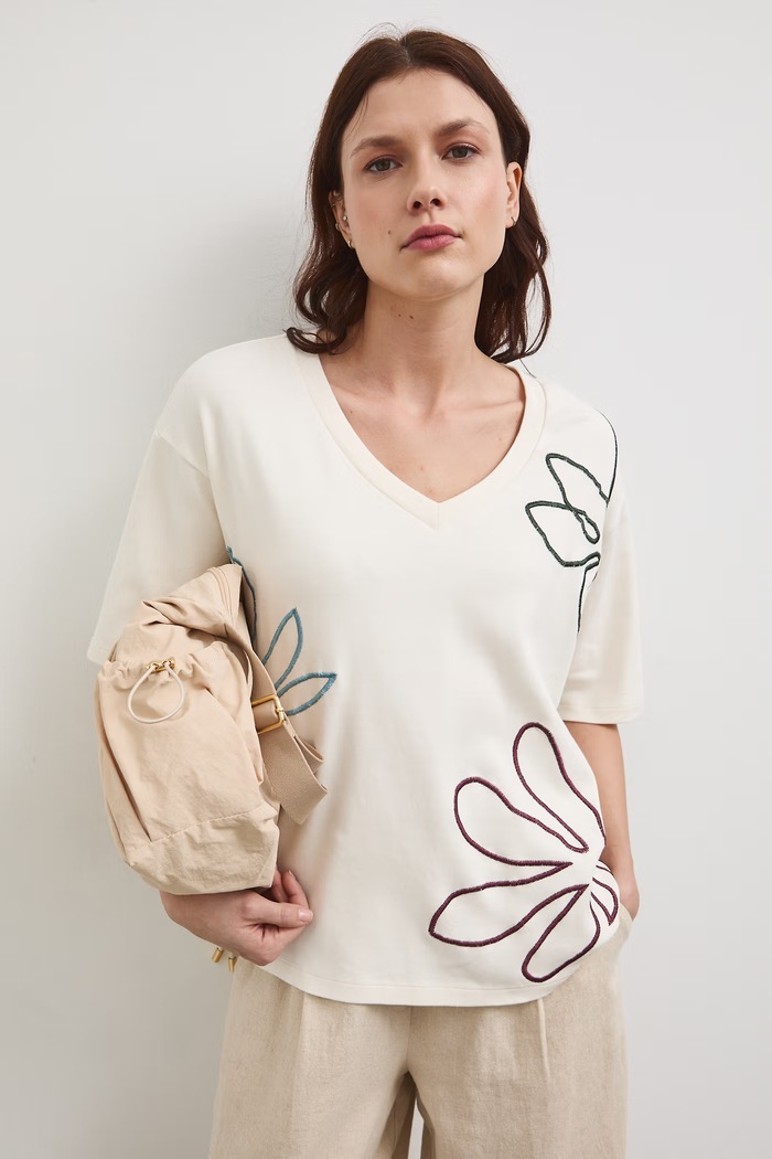 T-shirt bawełniany damski interlock z ozdobnym haftem RW25-TSD107 beżowy RS26