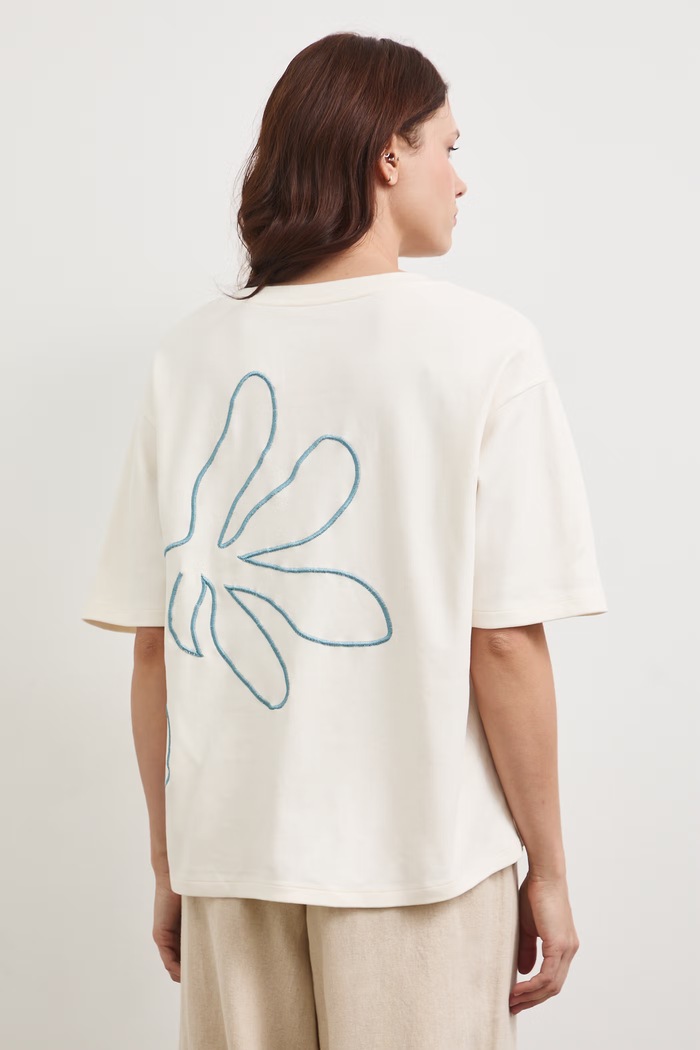 Odzież T-shirt bawełniany damski interlock z ozdobnym haftem RW25-TSD107 beżowy