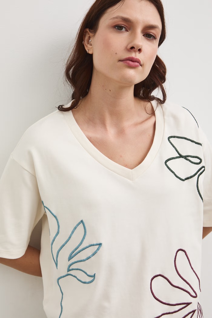 T-shirt bawełniany damski interlock z ozdobnym haftem beżowy RW25-TSD107
