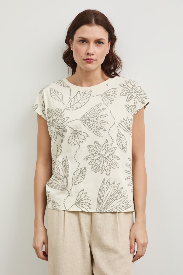 T-shirt bawełniany damski z wycięciem na plecach beżowy RW25-TSD109
