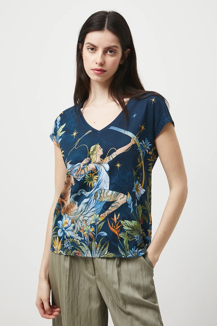 T-shirt bawełniany damski wzorzysty multicolor RW25-TSD302