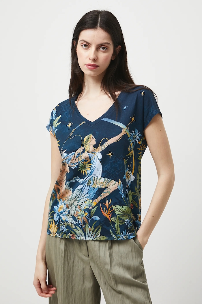 T-shirt bawełniany damski wzorzysty multicolor RW25-TSD302