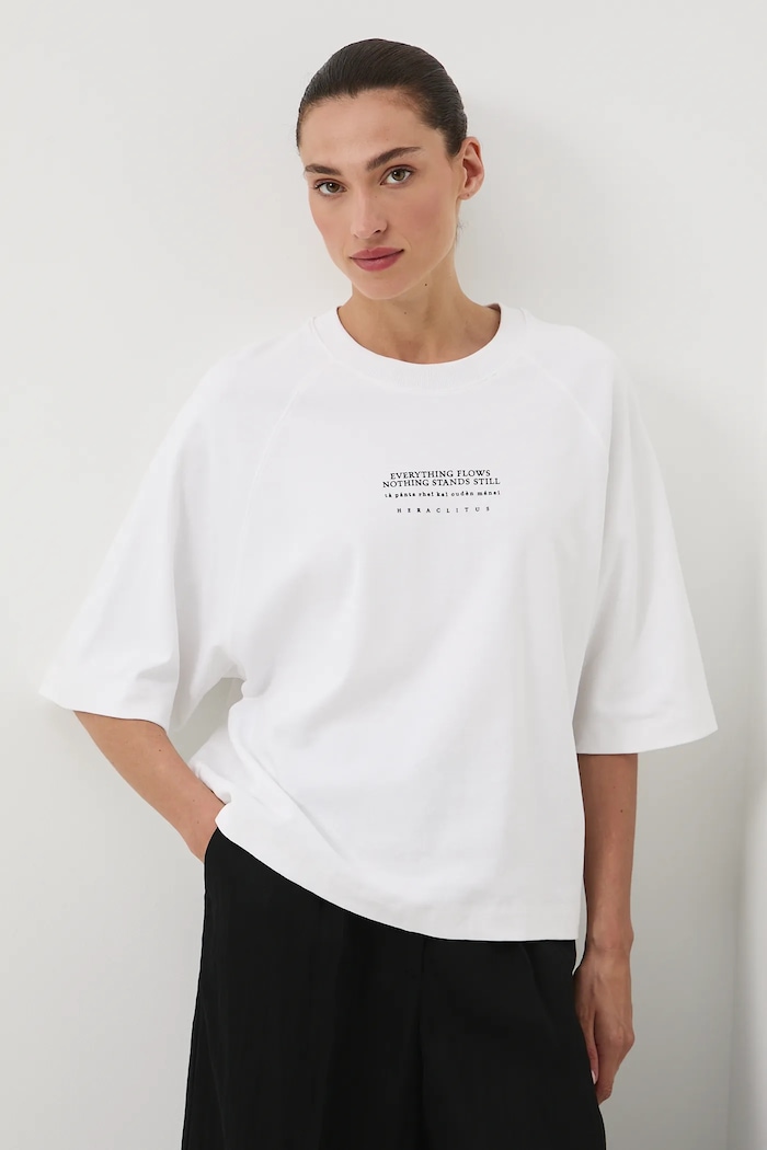 T-shirt bawełniany damski z kolekcji Science – Words of Wisdom beżowy RW25-TSD353