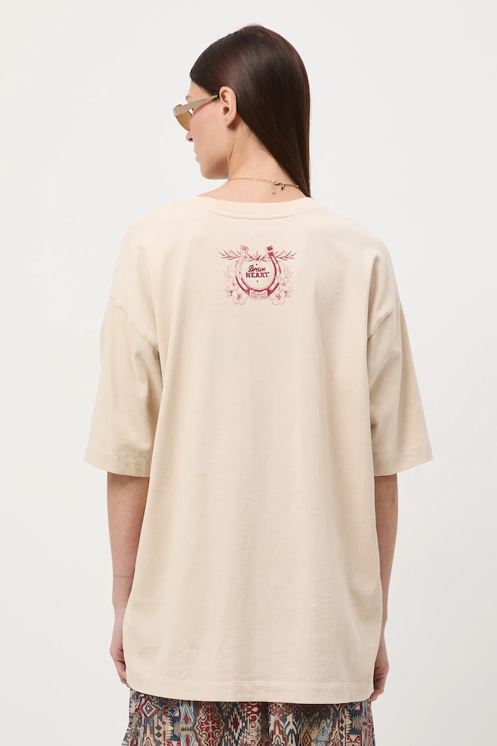 Odzież T-shirt bawełniany damski oversize z nadrukiem i haftem RW25-TSD400 beżowy