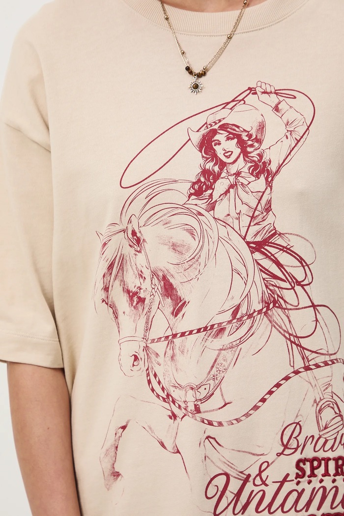 T-shirt bawełniany damski oversize z nadrukiem i haftem RW25-TSD400 beżowy
