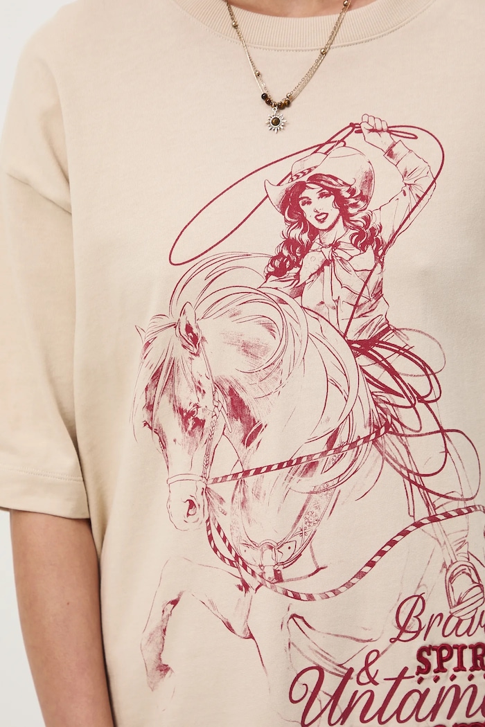T-shirt bawełniany damski oversize z nadrukiem i haftem RW25-TSD400 beżowy