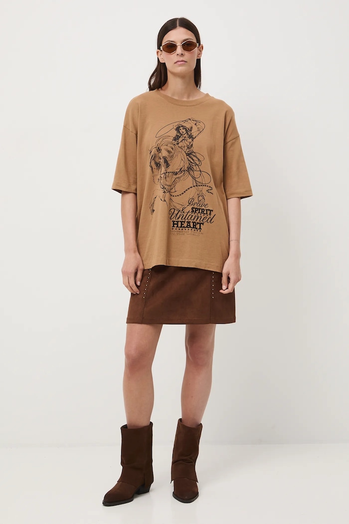 T-shirt bawełniany damski oversize z nadrukiem i haftem okrągły beżowy RW25-TSD400