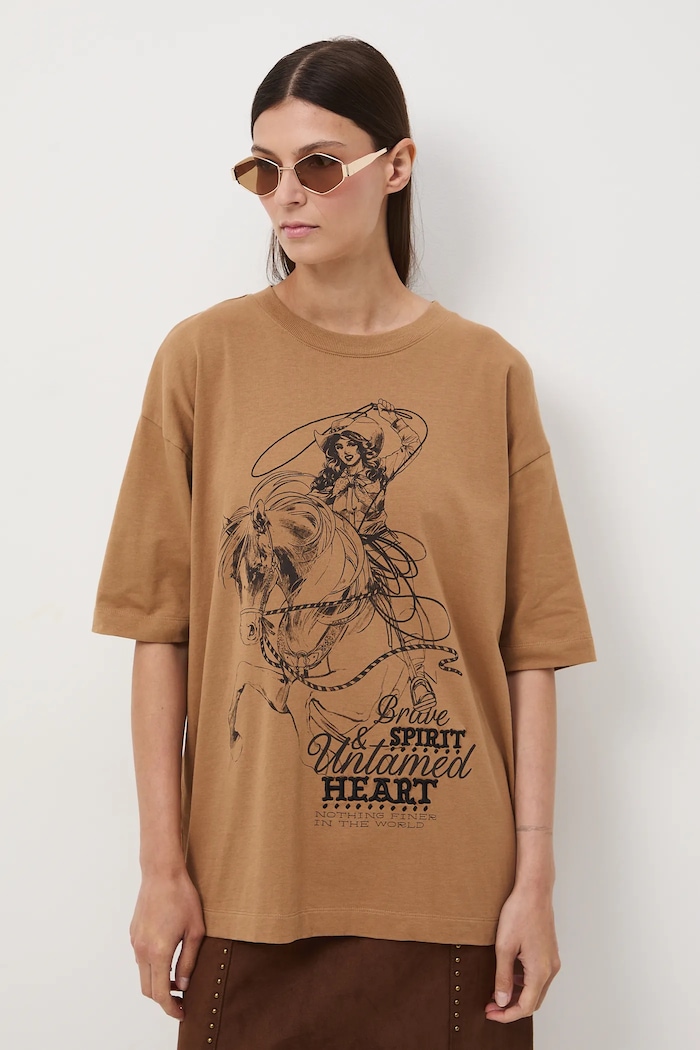 T-shirt bawełniany damski oversize z nadrukiem i haftem RW25-TSD400 beżowy RW25