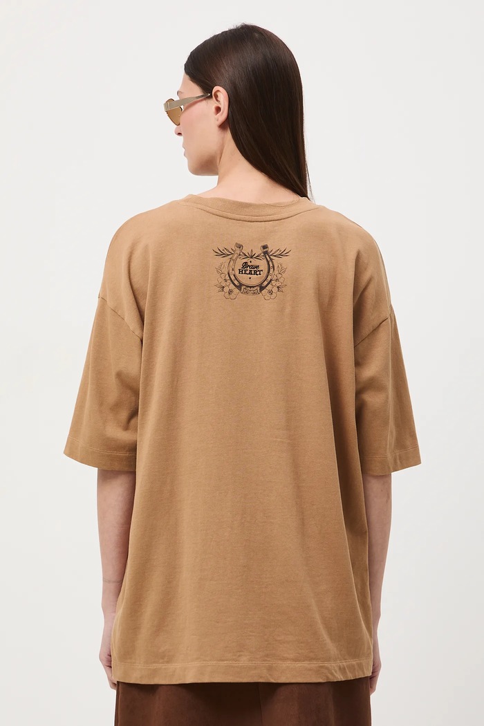 Odzież T-shirt bawełniany damski oversize z nadrukiem i haftem RW25-TSD400 beżowy