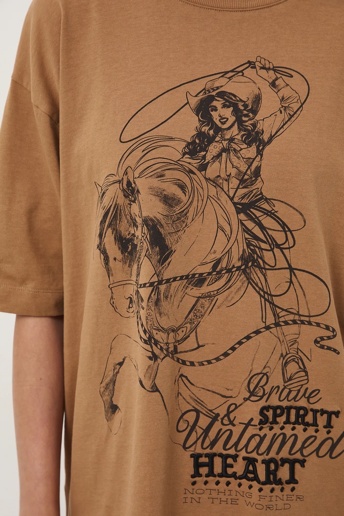 T-shirt bawełniany damski oversize z nadrukiem i haftem RW25-TSD400 beżowy